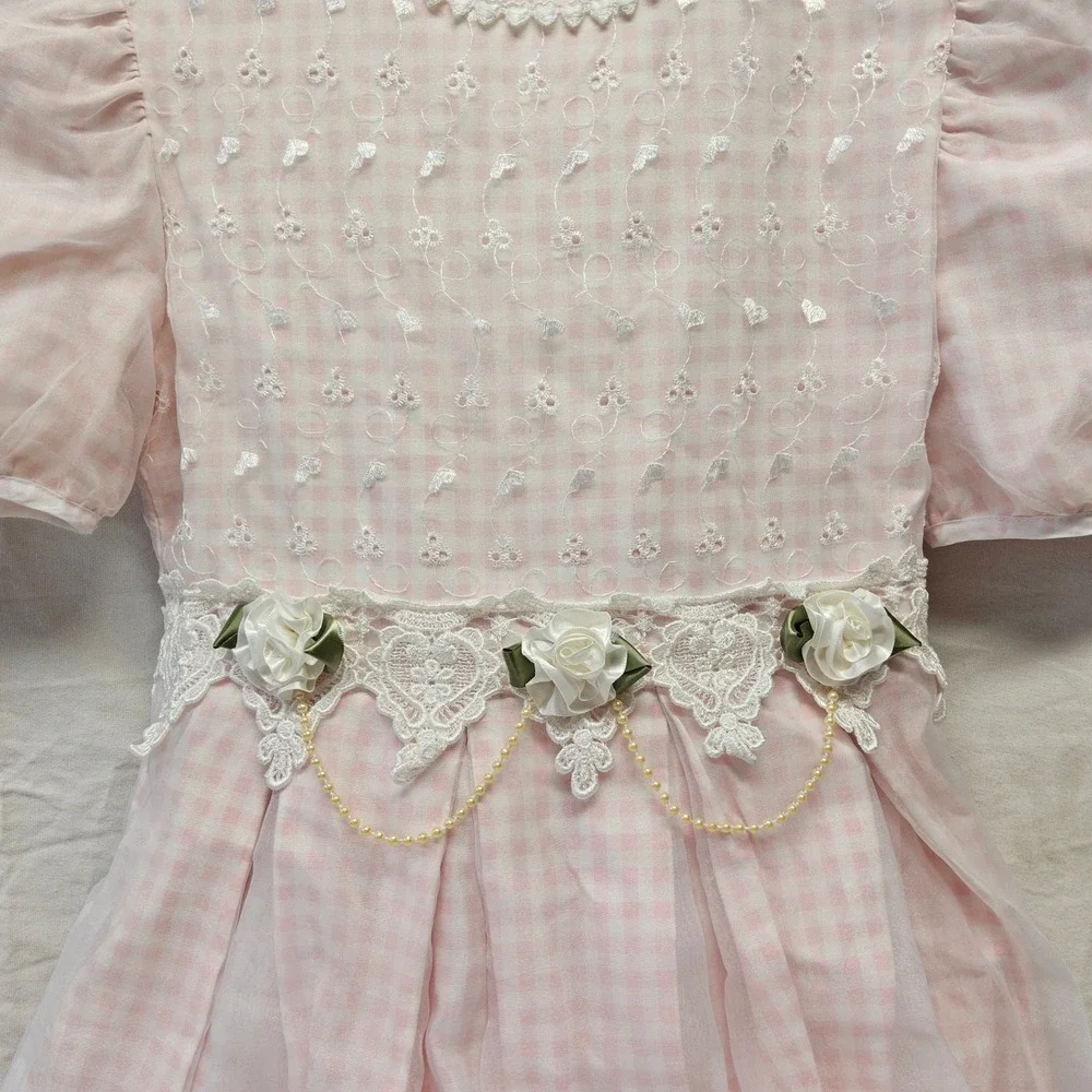 Vintage Girls Size 12 Pink Gingham‎ Organza Dress Lace Floral Pearl Accents USA